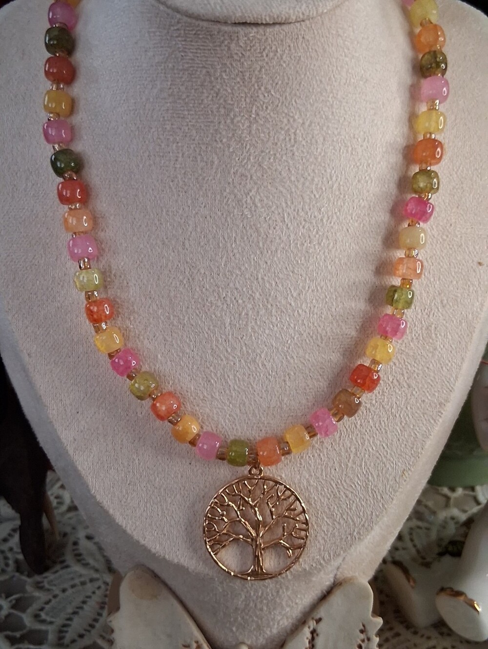 Multicolor Beaded Necklace with Gold Tree of Life Pendant